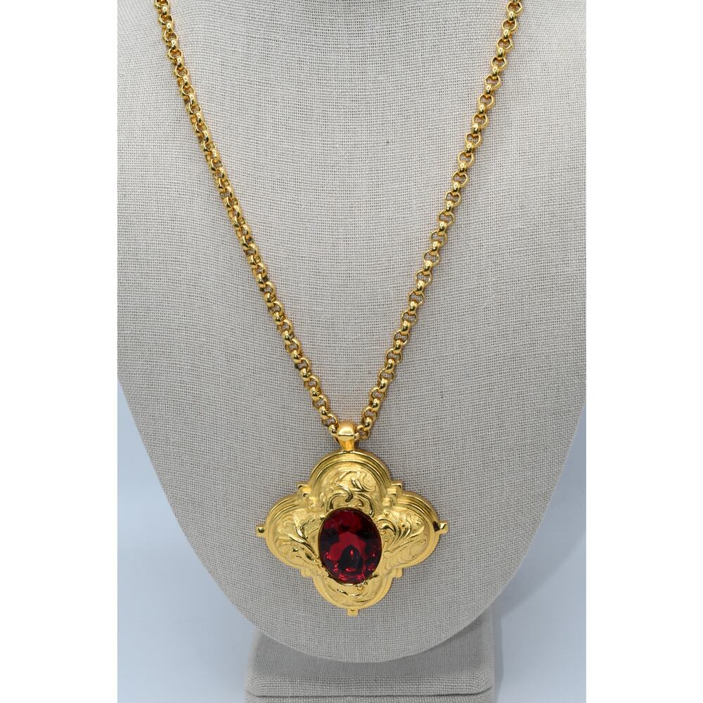Vintage 1980s Gold Plated Red Rhinestone Pendant Necklace Ornate 19”